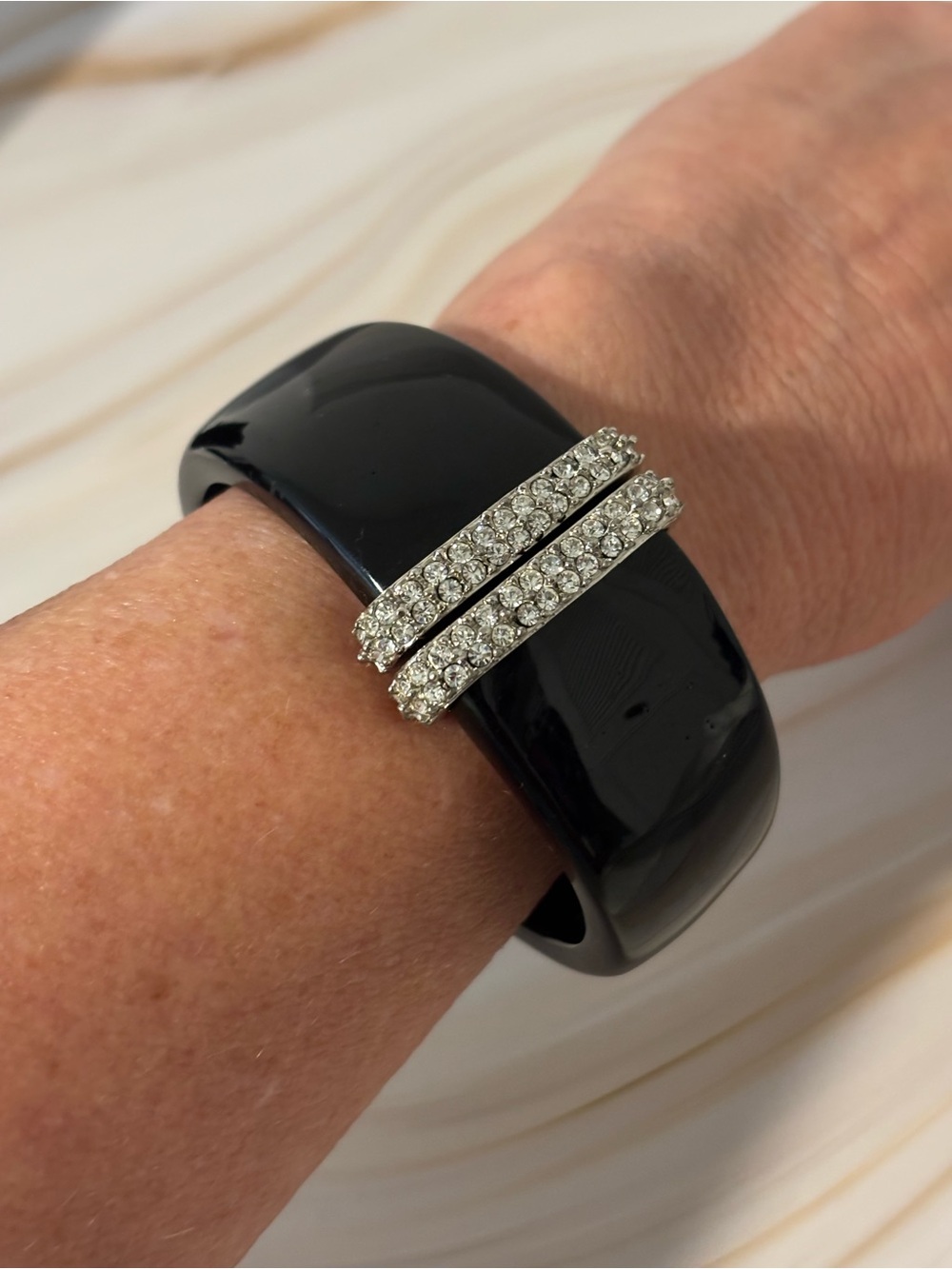 Kenneth Jay Lane Black Resin Hinged Bangle with Double Crystal 6.5”-7”